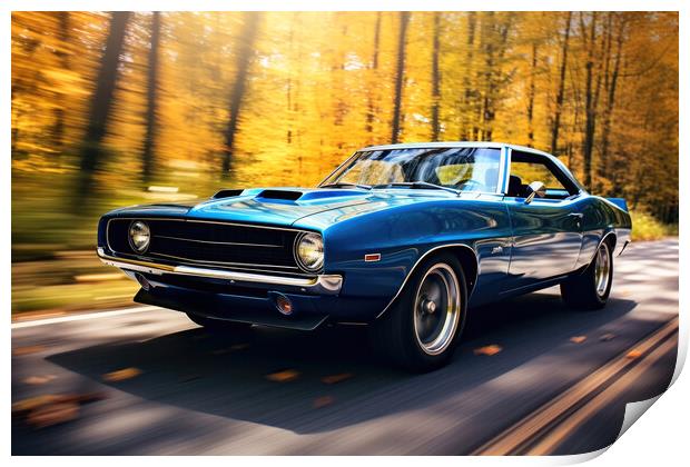A classic muscle car revving its engine, capturing nostalgia and Print by Michael Piepgras