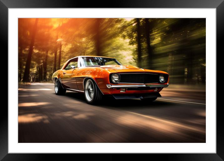 A classic muscle car revving its engine, capturing nostalgia and Framed Mounted Print by Michael Piepgras