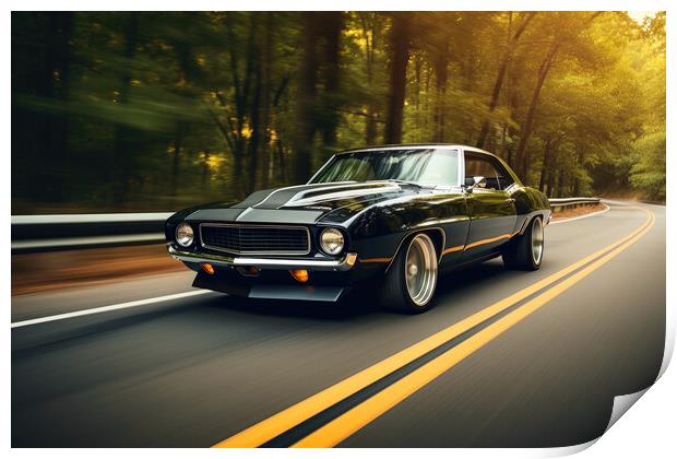 A classic muscle car revving its engine, capturing nostalgia and Print by Michael Piepgras