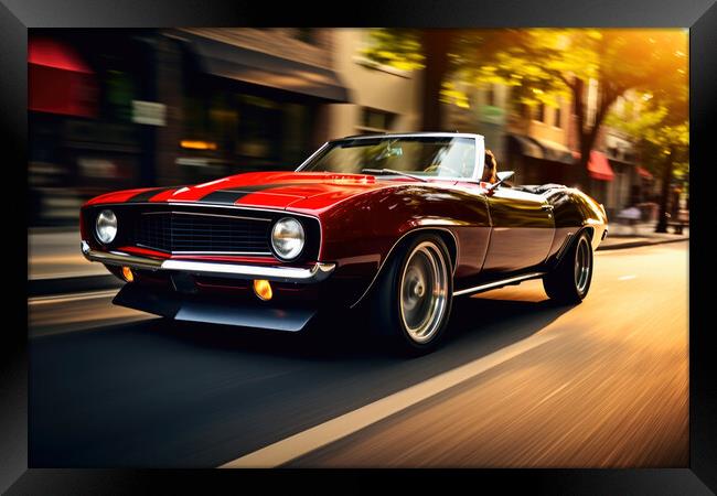 A classic muscle car revving its engine, capturing nostalgia and Framed Print by Michael Piepgras