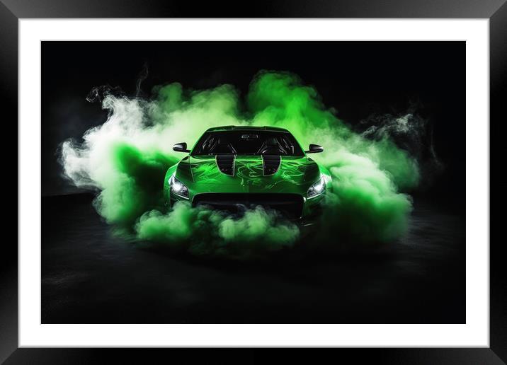 A drifting sports car on dark background with smoke. Framed Mounted Print by Michael Piepgras