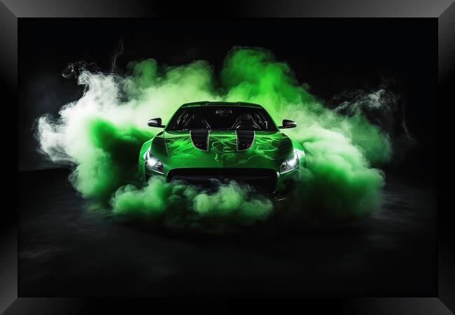 A drifting sports car on dark background with smoke. Framed Print by Michael Piepgras