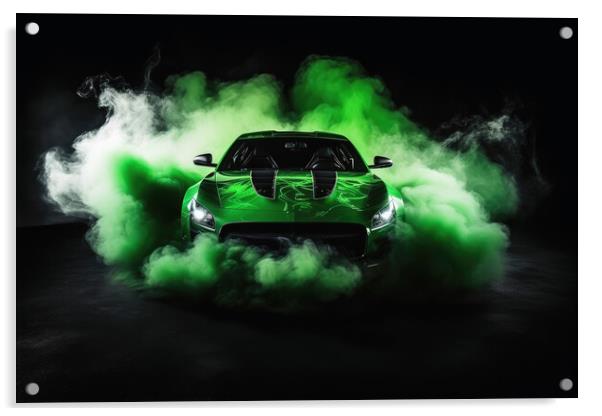 A drifting sports car on dark background with smoke. Acrylic by Michael Piepgras