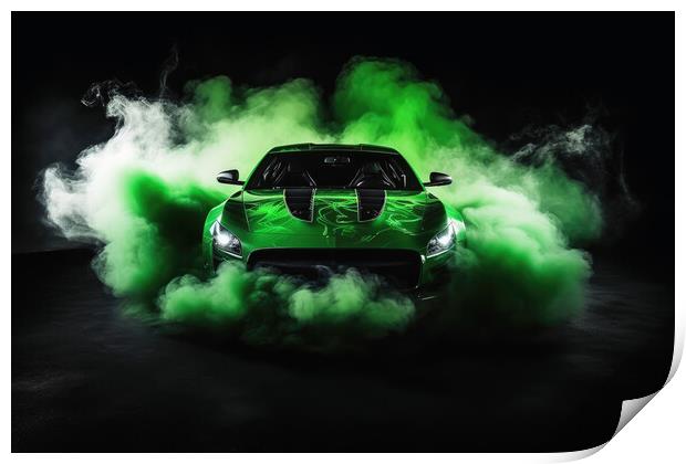 A drifting sports car on dark background with smoke. Print by Michael Piepgras