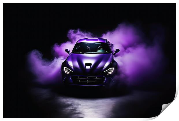 A drifting sports car on dark background with smoke. Print by Michael Piepgras