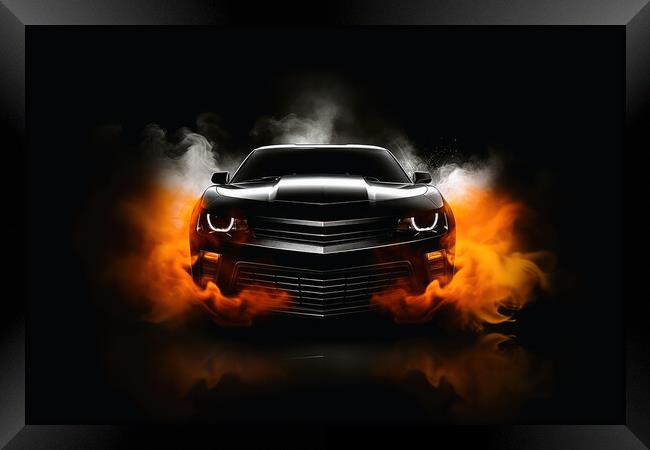 A drifting sports car on dark background with smoke. Framed Print by Michael Piepgras