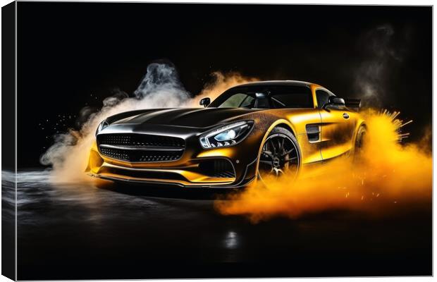A drifting sports car on dark background with smoke. Canvas Print by Michael Piepgras