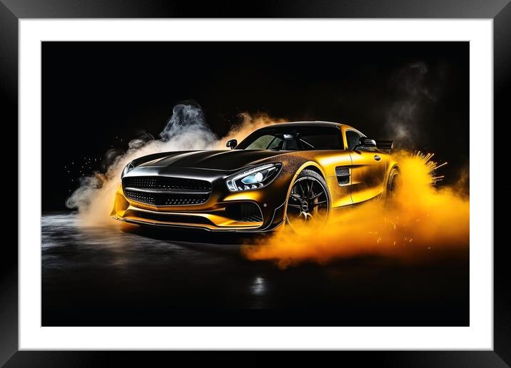 A drifting sports car on dark background with smoke. Framed Mounted Print by Michael Piepgras