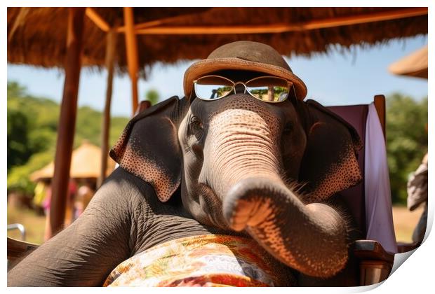 Elephant chilling and having a good time wearing sunglasses. Print by Michael Piepgras