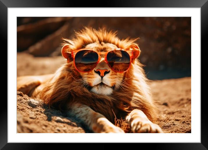 Lion chilling and having a good time wearing sunglasses. Framed Mounted Print by Michael Piepgras