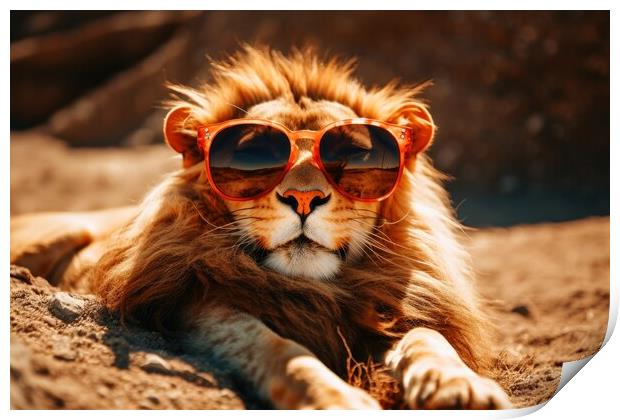 Lion chilling and having a good time wearing sunglasses. Print by Michael Piepgras