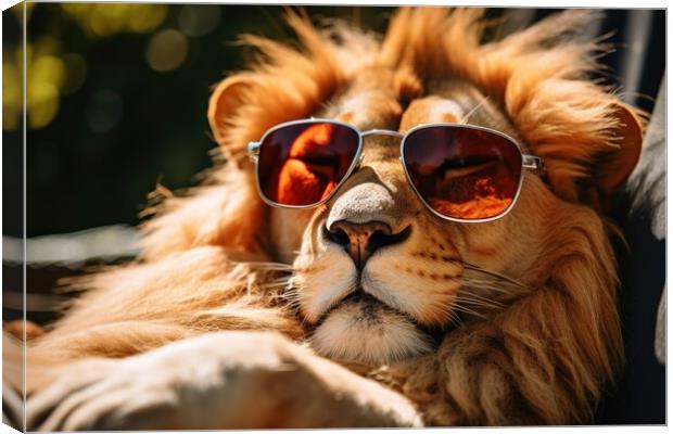 Lion chilling and having a good time wearing sunglasses. Canvas Print by Michael Piepgras