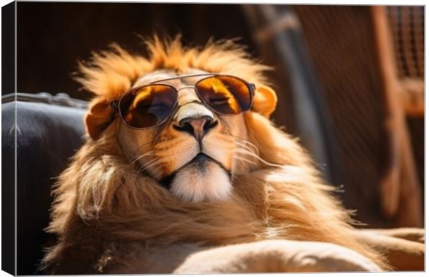 Lion chilling and having a good time wearing sunglasses. Canvas Print by Michael Piepgras