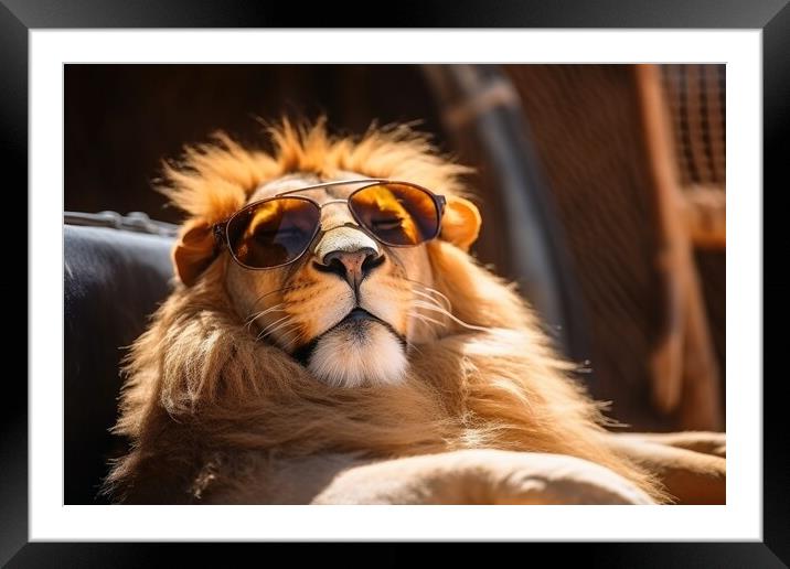 Lion chilling and having a good time wearing sunglasses. Framed Mounted Print by Michael Piepgras