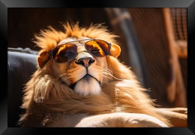 Lion chilling and having a good time wearing sunglasses. Framed Print by Michael Piepgras