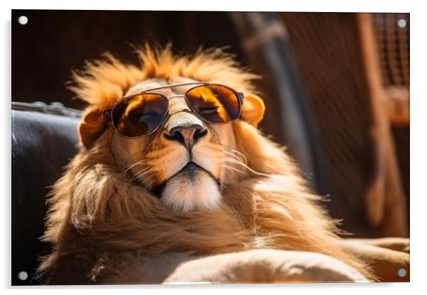 Lion chilling and having a good time wearing sunglasses. Acrylic by Michael Piepgras