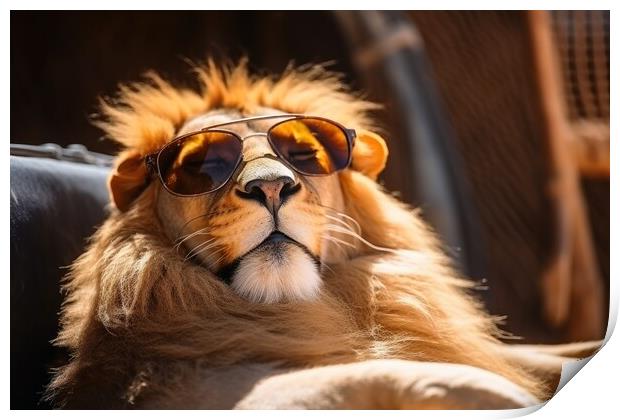 Lion chilling and having a good time wearing sunglasses. Print by Michael Piepgras