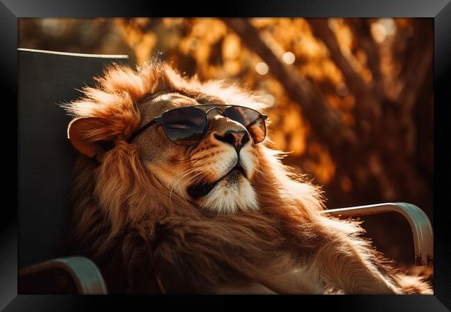 Lion chilling and having a good time wearing sunglasses. Framed Print by Michael Piepgras