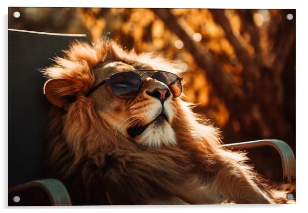 Lion chilling and having a good time wearing sunglasses. Acrylic by Michael Piepgras