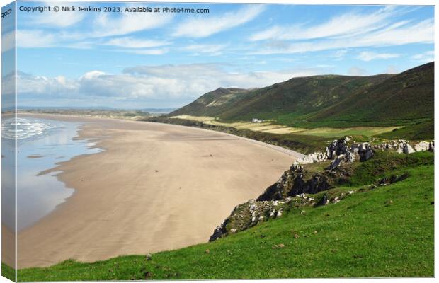 Looking Down on Rhossili Beach and Downs Gower  Canvas Print by Nick Jenkins