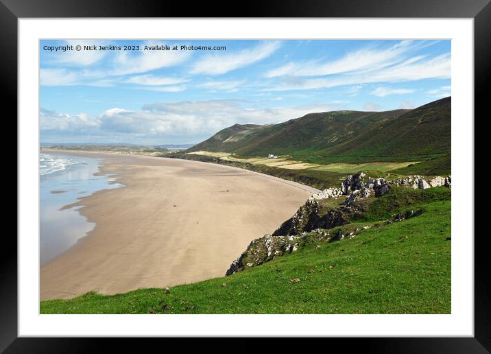 Looking Down on Rhossili Beach and Downs Gower  Framed Mounted Print by Nick Jenkins