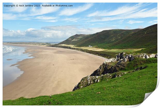 Looking Down on Rhossili Beach and Downs Gower  Print by Nick Jenkins