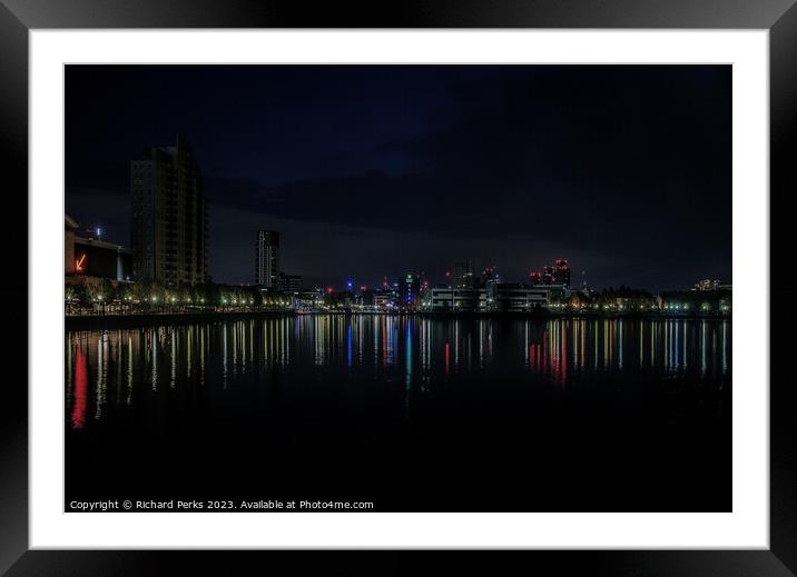 Manchester Skyline at Night Framed Mounted Print by Richard Perks