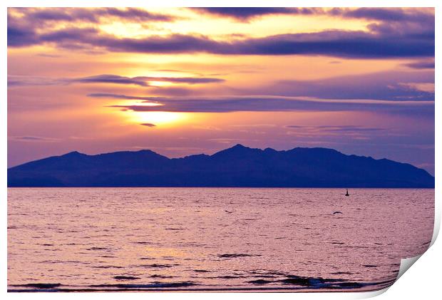 Isle of Arran mountains silhouetted by sunset Print by Allan Durward Photography