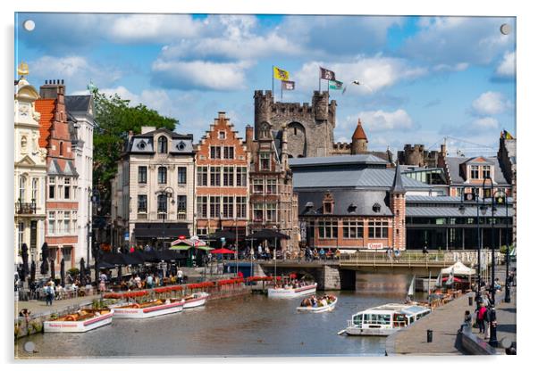 Boat cruise on river Leie in Ghent, Belgium Acrylic by Chun Ju Wu
