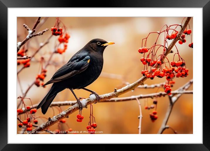 Beautiful black blackbird perched on the branch of Framed Mounted Print by Joaquin Corbalan