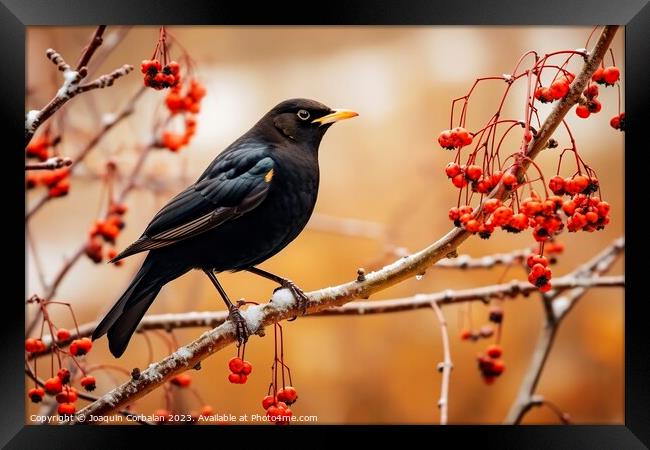 Beautiful black blackbird perched on the branch of Framed Print by Joaquin Corbalan