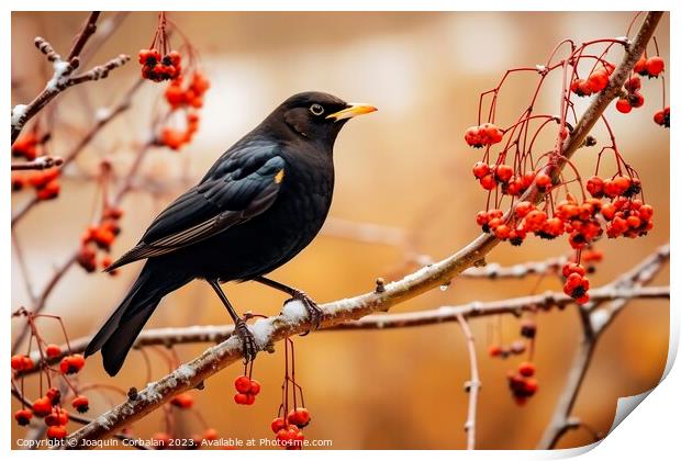 Beautiful black blackbird perched on the branch of Print by Joaquin Corbalan