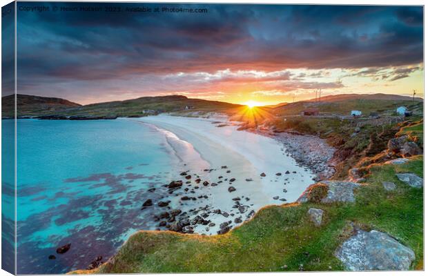 Beautiful sunset over the white sandy beach at Hushinish Canvas Print by Helen Hotson
