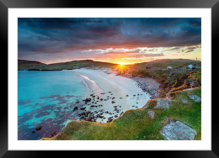 Beautiful sunset over the white sandy beach at Hushinish Framed Mounted Print by Helen Hotson