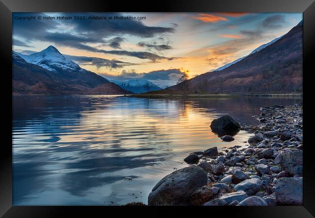 Beautiful sunset with snow capped mountains from the shores of L Framed Print by Helen Hotson