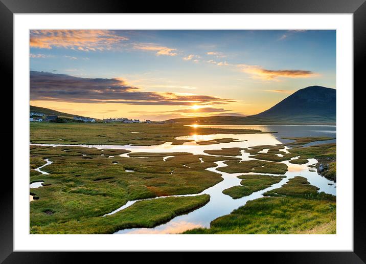 Sunset over the salt flats at Northton Framed Mounted Print by Helen Hotson