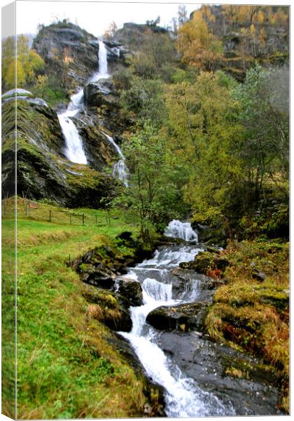 Waterfall Flamsdalen Valley Flam Norway Scandinavia Canvas Print by Andy Evans Photos