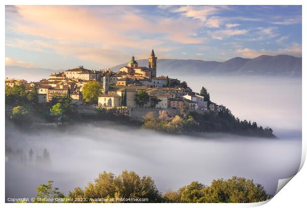 Trevi picturesque village in a foggy morning. Umbria, Italy Print by Stefano Orazzini