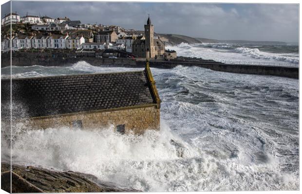 stormy day at Porthleven Cornwall Canvas Print by kathy white