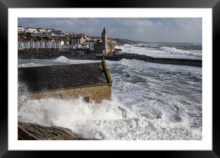 stormy day at Porthleven Cornwall Framed Mounted Print by kathy white
