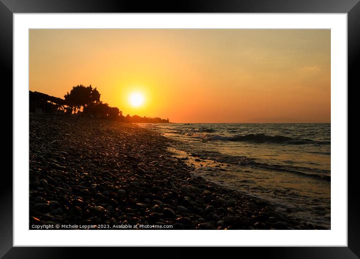 Rhodes Beach Sunset and Pebbles Framed Mounted Print by Michele Leppier