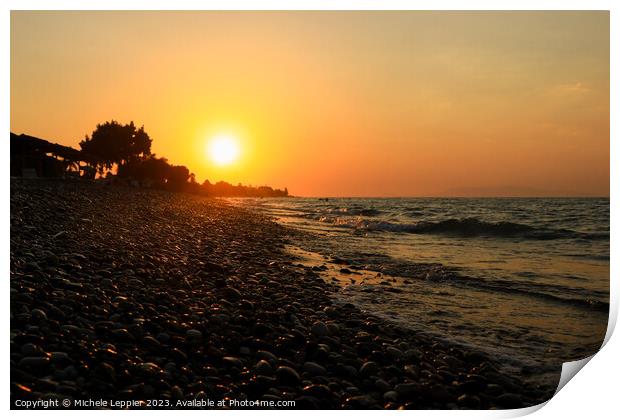 Rhodes Beach Sunset and Pebbles Print by Michele Leppier