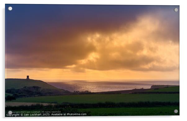 Sunset over Kimmeridge Bay looking out to Portland Acrylic by Iain Lockhart