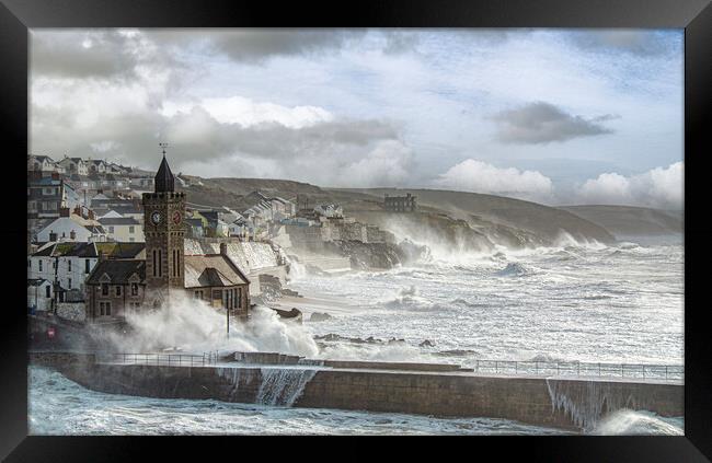 Porthleven Harbour Cornwall storm force Framed Print by kathy white
