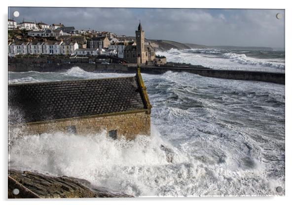stormy day at porthleven cornwall Acrylic by kathy white