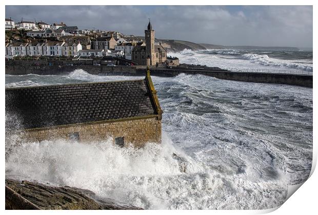 stormy day at porthleven cornwall Print by kathy white