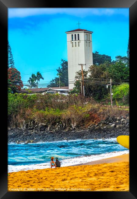 Watching Large Waves Surfer Waimea Bay North Shore Oahu Hawaii Framed Print by William Perry