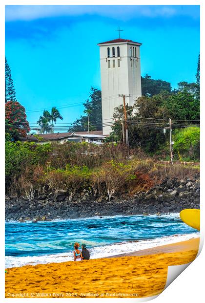 Watching Large Waves Surfer Waimea Bay North Shore Oahu Hawaii Print by William Perry