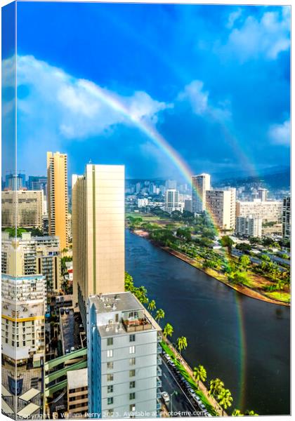 Colorful Double Rainbow Buildings Waikiki Ala Wai Canal Honolulu Canvas Print by William Perry