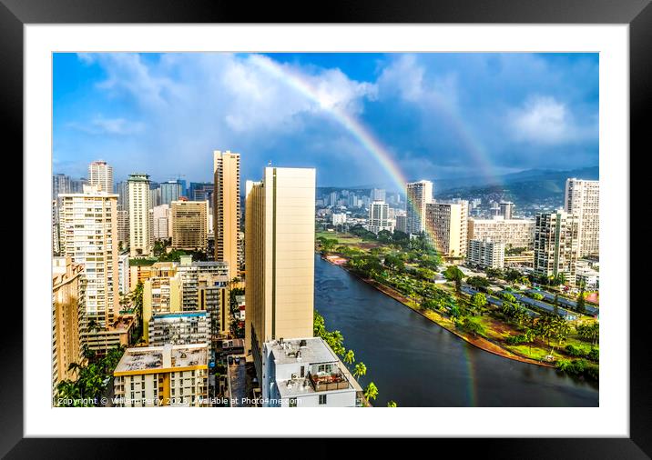 Colorful Double Rainbow Buildings Waikiki Ala Wai Canal Honolulu Framed Mounted Print by William Perry
